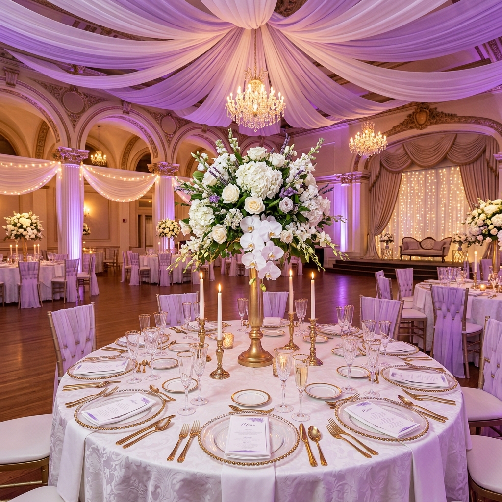 Concepto de evento de lujo con decoración floral y iluminación morada