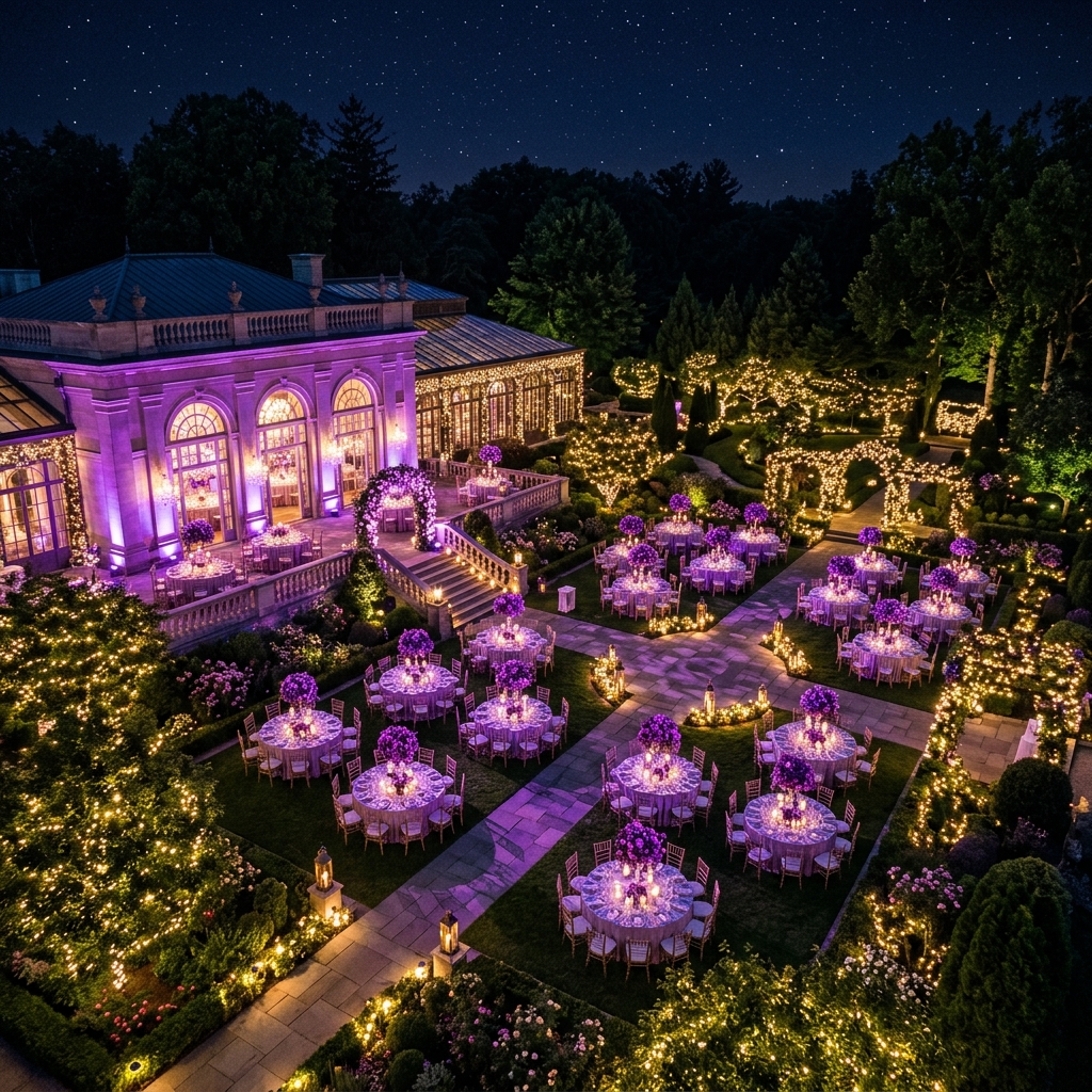 Vista aérea de un elegante venue de eventos al aire libre con iluminación morada y mesas redondas