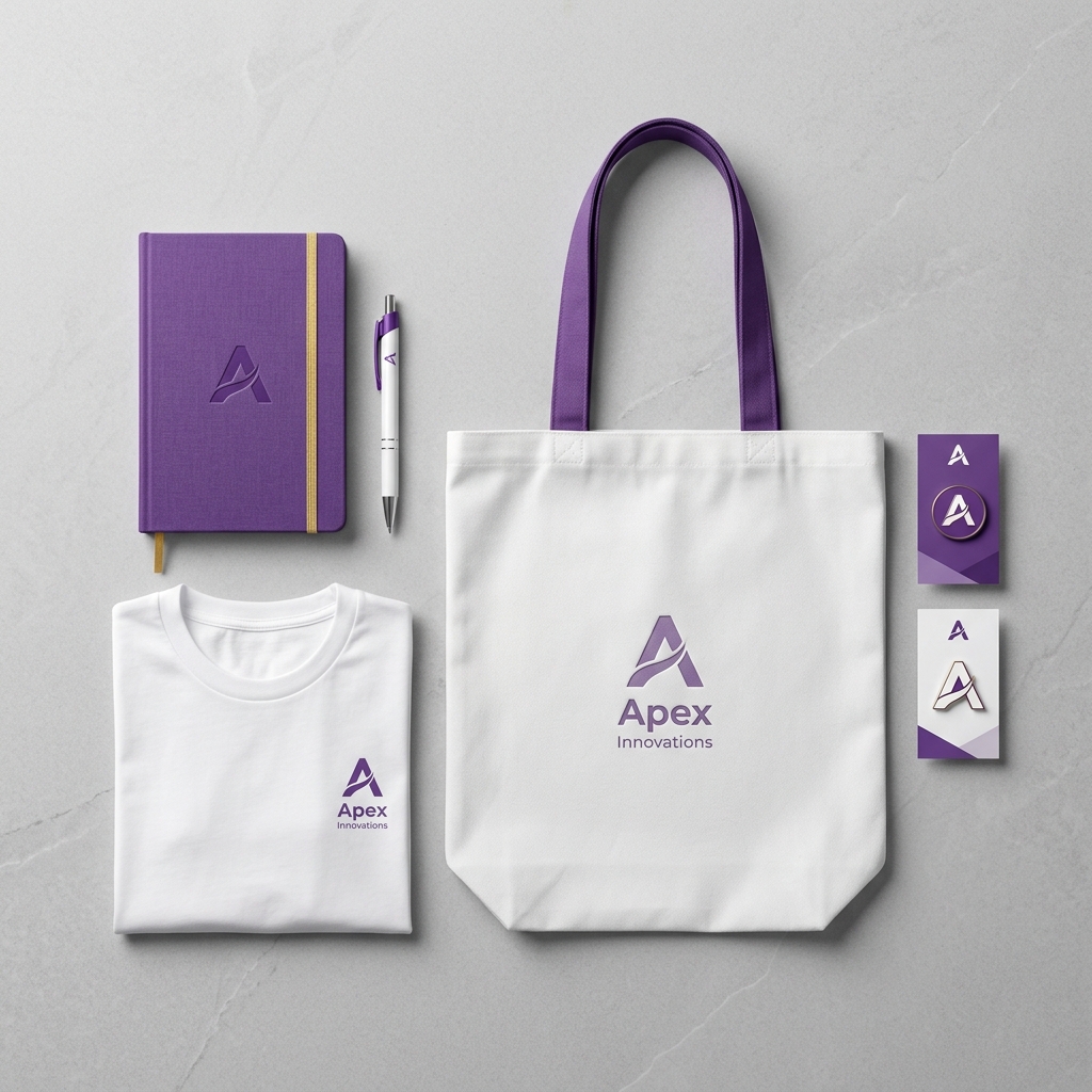 Merchandising corporativo personalizado: tote bag, camiseta, libreta y pins morados