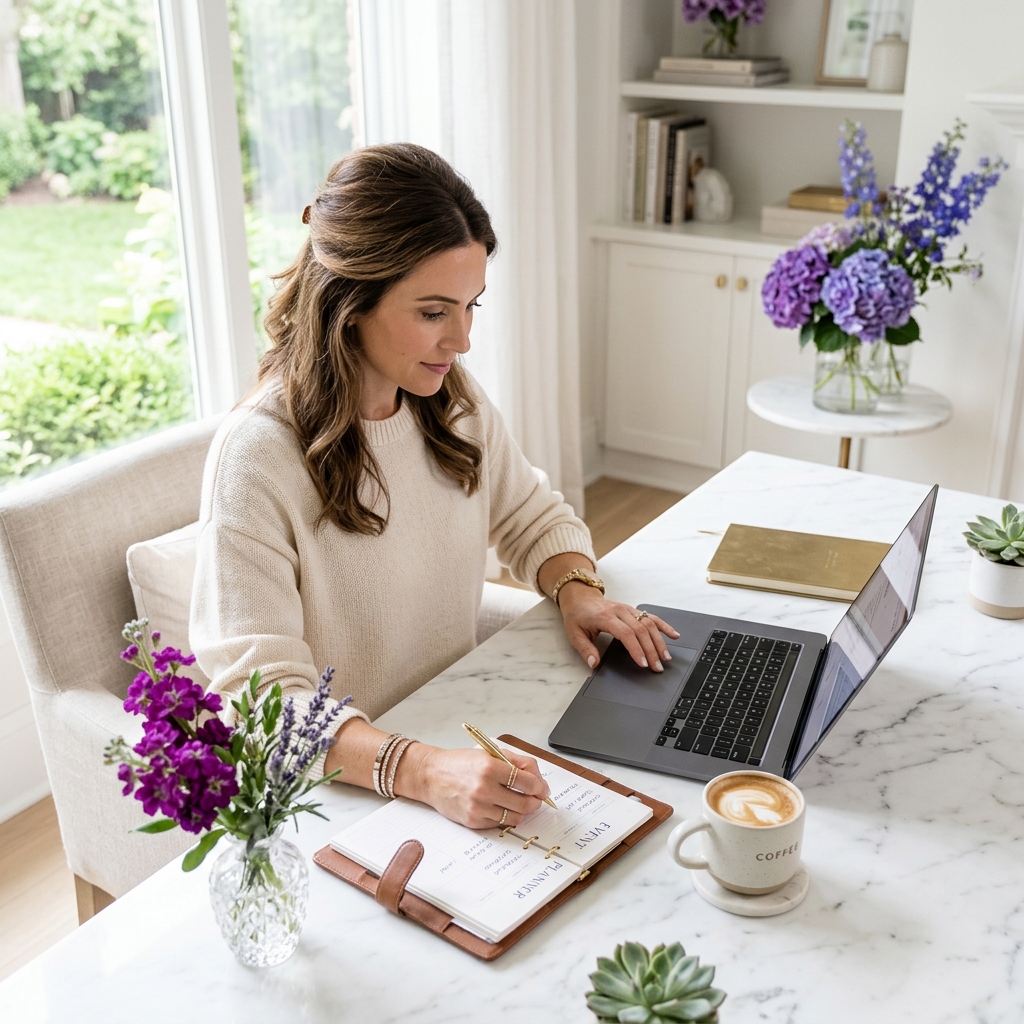 Persona organizando un evento con laptop y agenda en escritorio con flores moradas