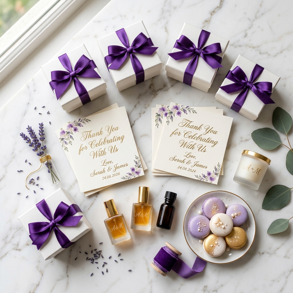 Souvenirs personalizados para eventos: cajas blancas con listón morado, macarons y tarjetas